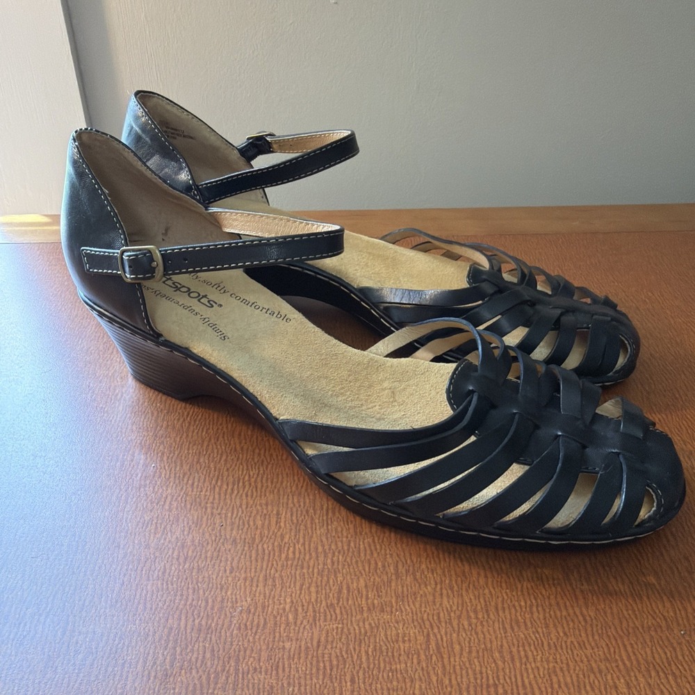 Softspots Sandals Womens 11M Tatianna Ankle Strap Low Wedge Black Leather